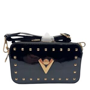 Valentino Orlandi Black Bag‎ Gold Studs V Logo Double Zip Strap Small tCrossbody